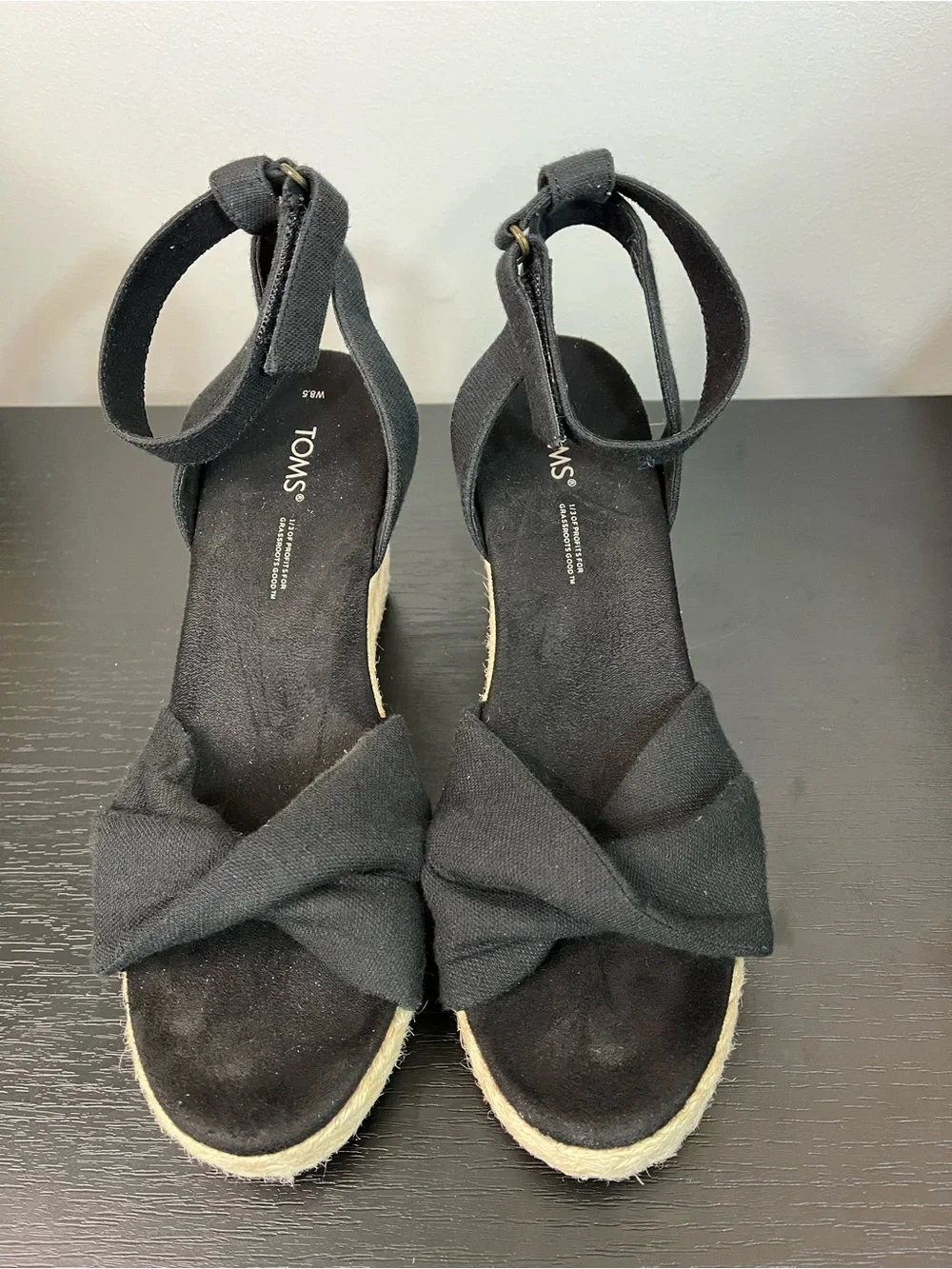 Toms Marisela Black Wedge Espadrille Ankle-Strap Sandals Women’s 8.5